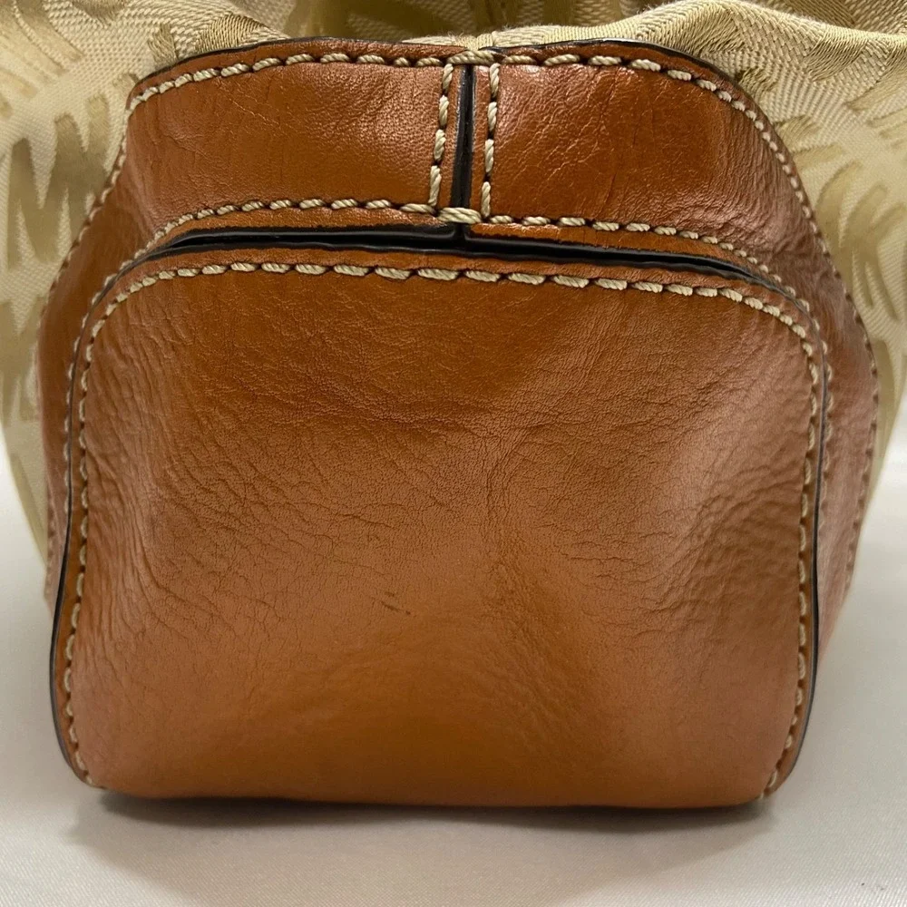 Michael Kors Brookville Large Tote Bag MK Saddle Khaki Canvas Brown Leather EUC